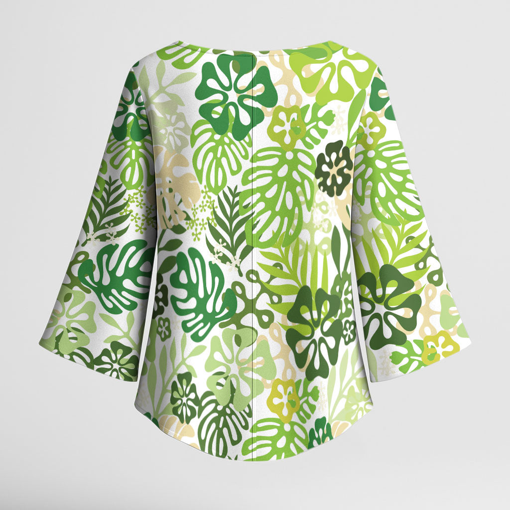 Green Aloha Hawaiian Kimono Sleeve Blouse Monstera Hibiscus Tropical Pattern LT19 - Polynesian Pride