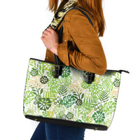 Green Aloha Hawaiian Leather Tote Bag Monstera Hibiscus Tropical Pattern