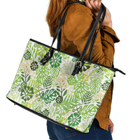 Green Aloha Hawaiian Leather Tote Bag Monstera Hibiscus Tropical Pattern