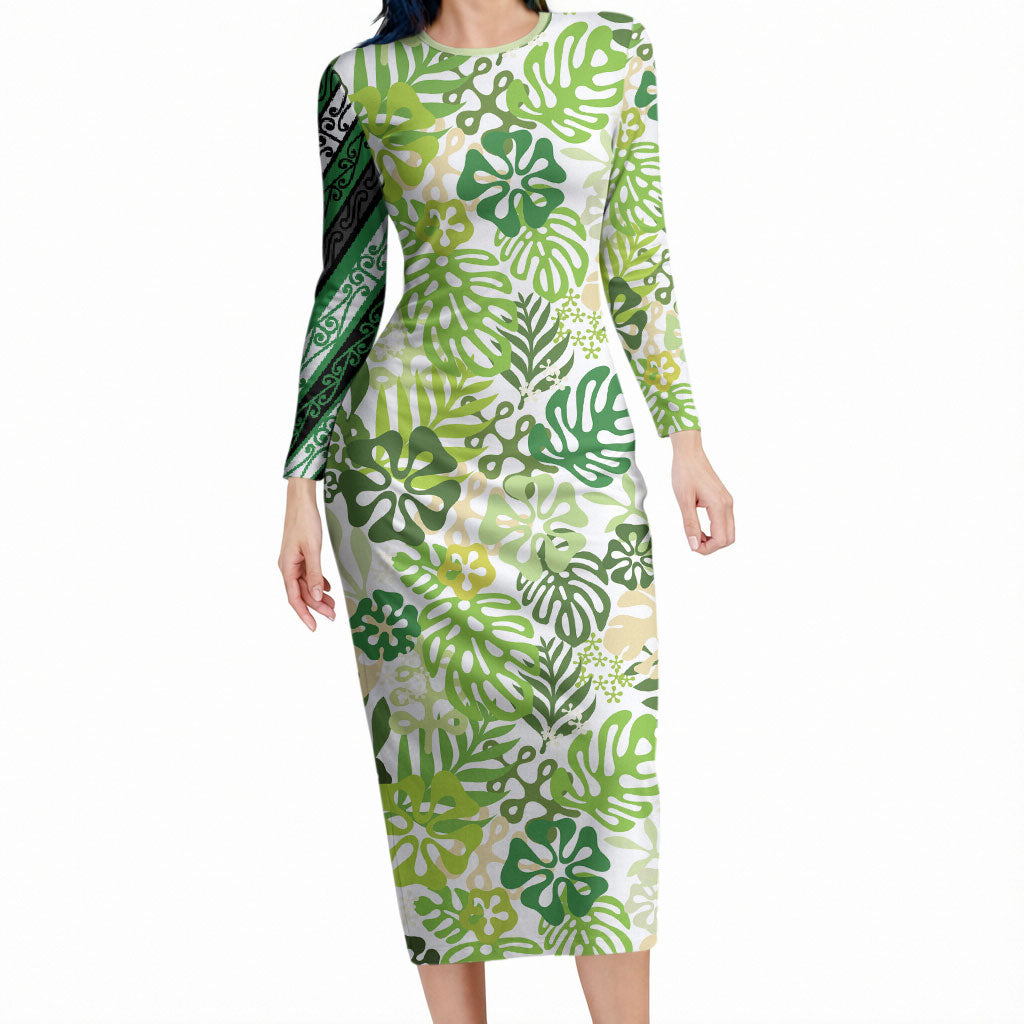 Green Aloha Hawaiian Long Sleeve Bodycon Dress Monstera Hibiscus Tropical Pattern LT19 Long Dress Green - Polynesian Pride