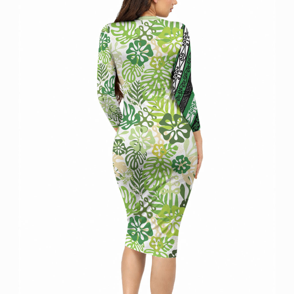 Green Aloha Hawaiian Long Sleeve Bodycon Dress Monstera Hibiscus Tropical Pattern LT19 - Polynesian Pride