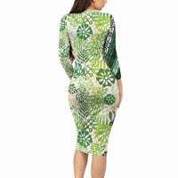 Green Aloha Hawaiian Long Sleeve Bodycon Dress Monstera Hibiscus Tropical Pattern LT19 - Polynesian Pride
