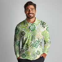Green Aloha Hawaiian Long Sleeve Polo Shirt Monstera Hibiscus Tropical Pattern LT19 - Polynesian Pride