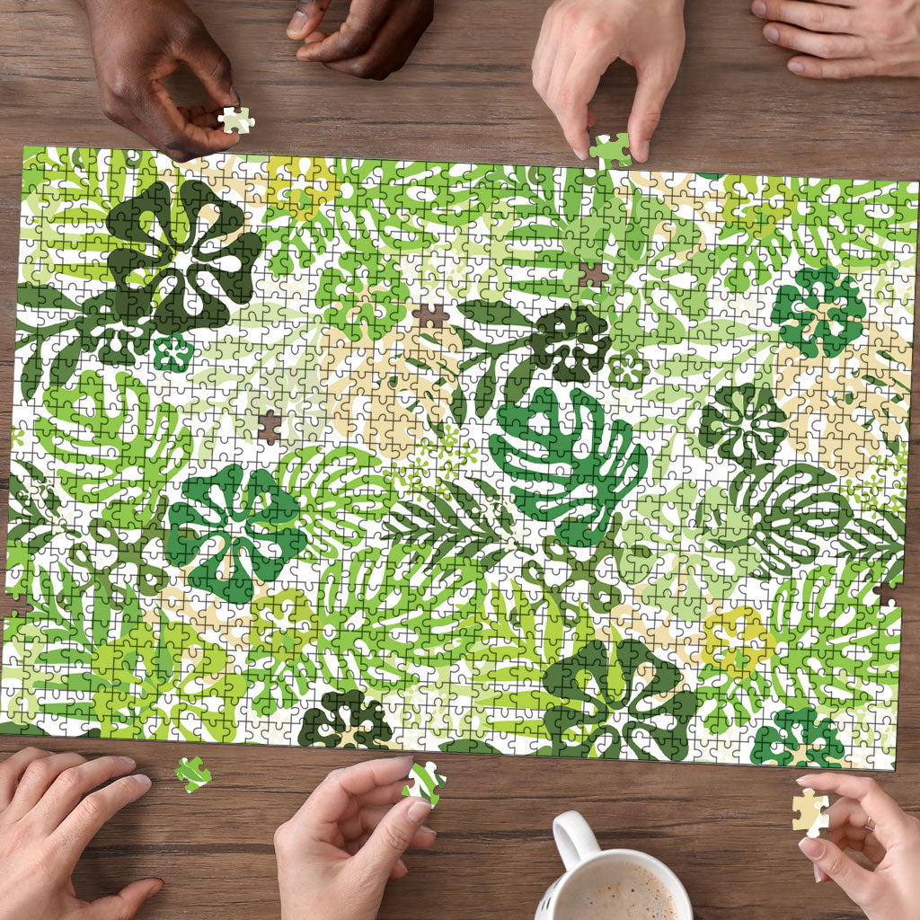 Green Aloha Hawaiian Puzzle Monstera Hibiscus Tropical Pattern LT19 - Polynesian Pride