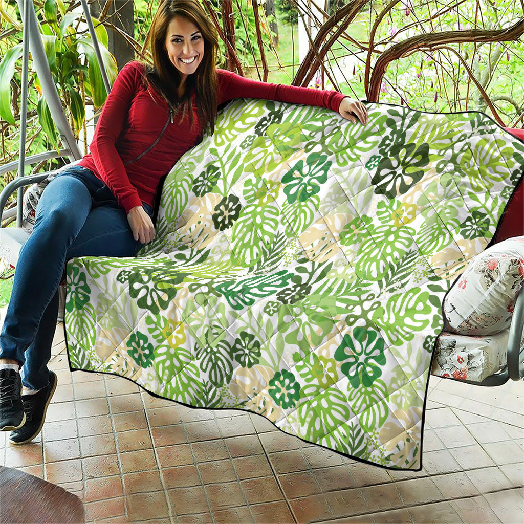 Green Aloha Hawaiian Quilt Monstera Hibiscus Tropical Pattern