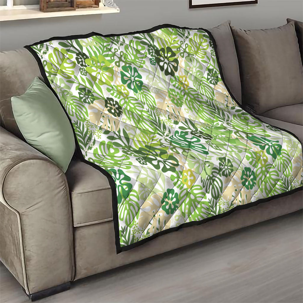 Green Aloha Hawaiian Quilt Monstera Hibiscus Tropical Pattern