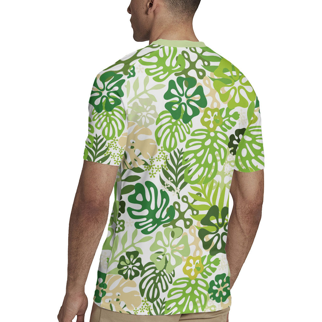 Green Aloha Hawaiian Rugby Jersey Monstera Hibiscus Tropical Pattern