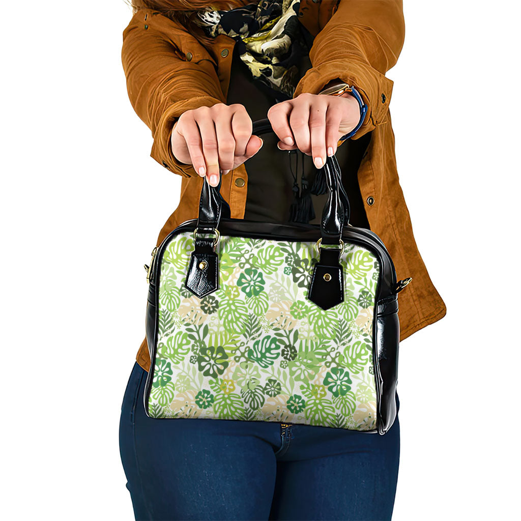 Green Aloha Hawaiian Shoulder Handbag Monstera Hibiscus Tropical Pattern