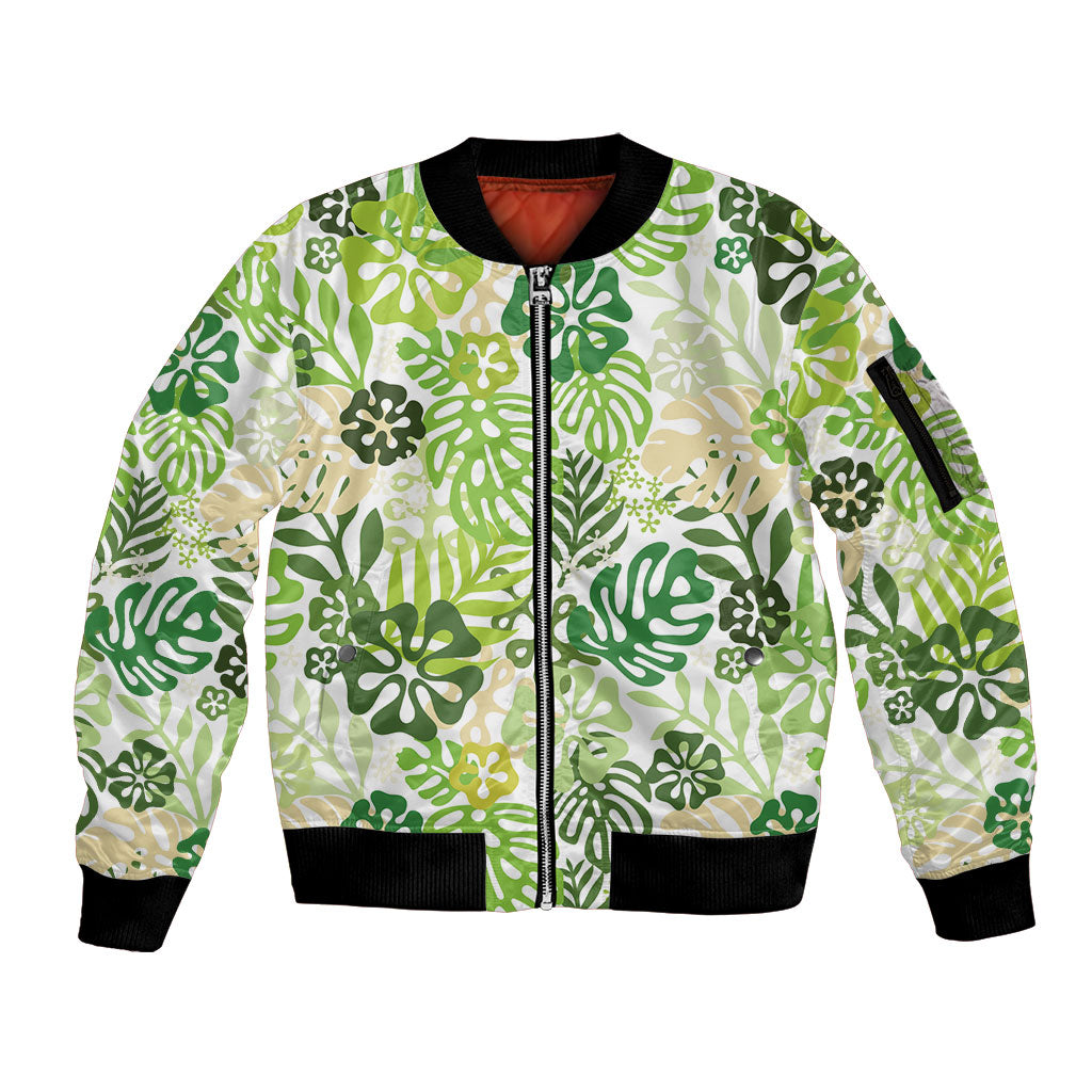 Green Aloha Hawaiian Sleeve Zip Bomber Jacket Monstera Hibiscus Tropical Pattern LT19 Unisex Green - Polynesian Pride