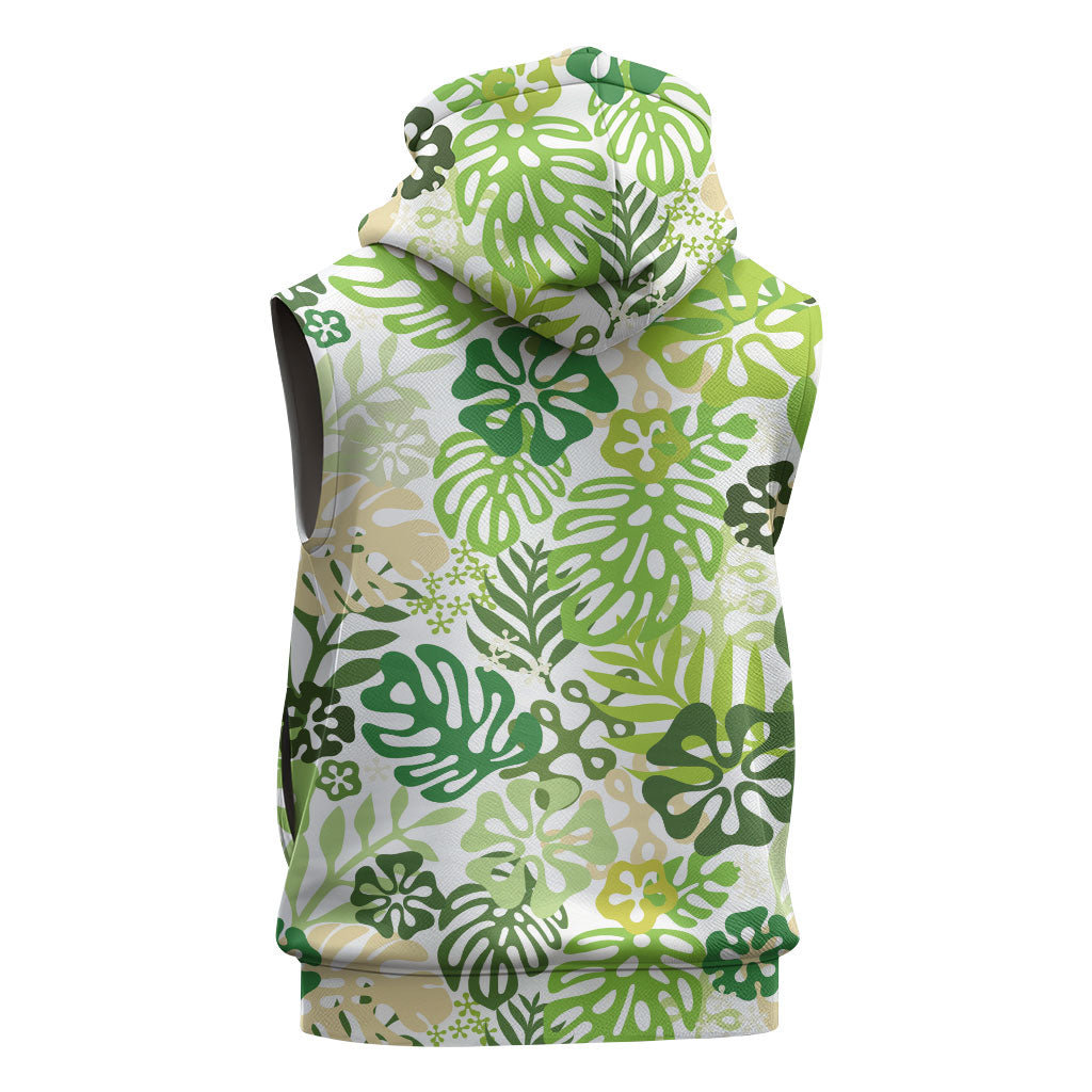 Green Aloha Hawaiian Sleeveless Hoodie Monstera Hibiscus Tropical Pattern
