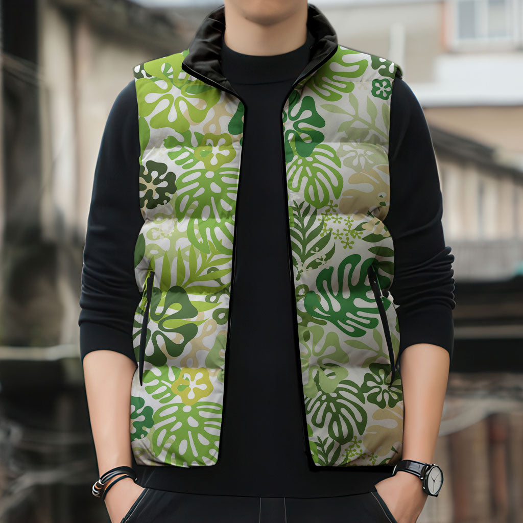 Green Aloha Hawaiian Sleeveless Puffer Jacket Monstera Hibiscus Tropical Pattern