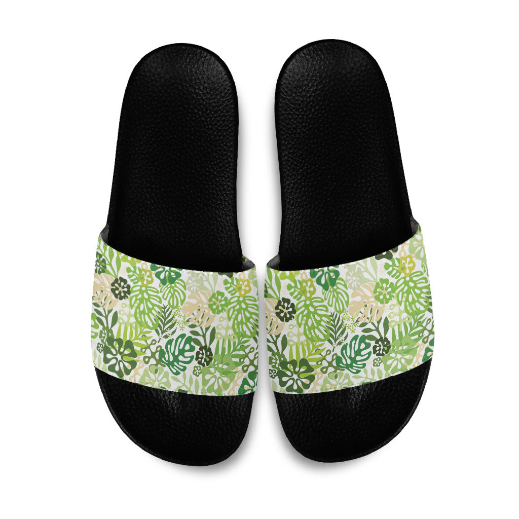 Green Aloha Hawaiian Slide Sandals Monstera Hibiscus Tropical Pattern LT19 Green - Polynesian Pride