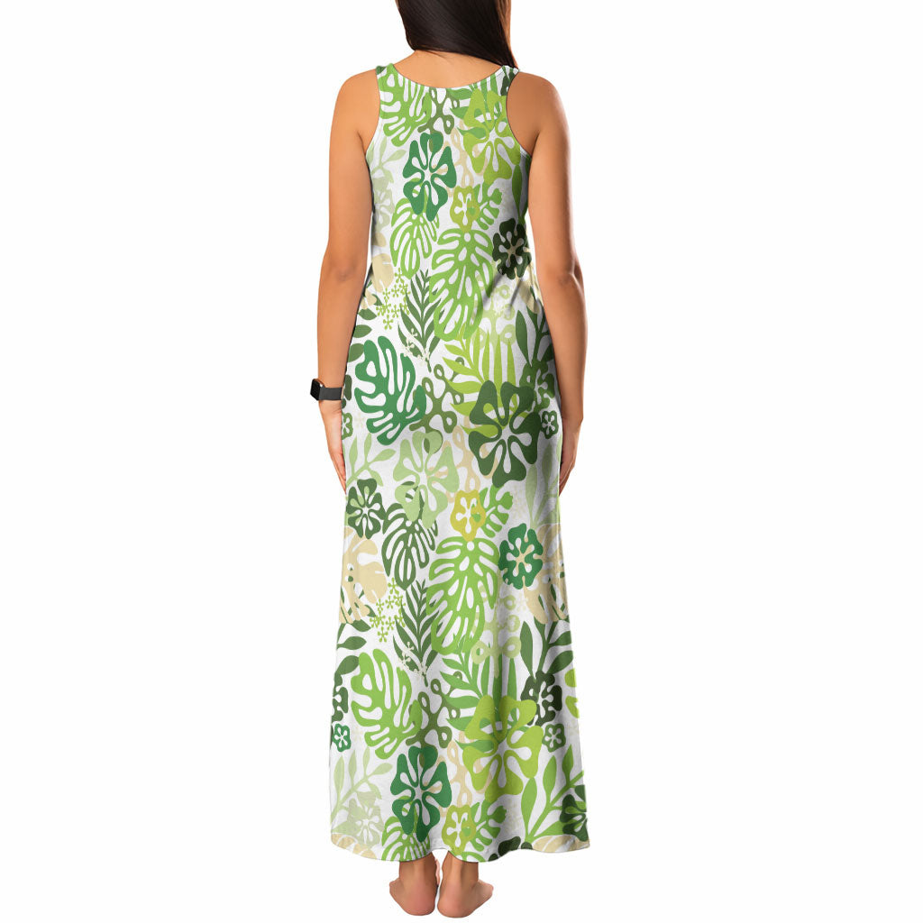 Green Aloha Hawaiian Tank Maxi Dress Monstera Hibiscus Tropical Pattern