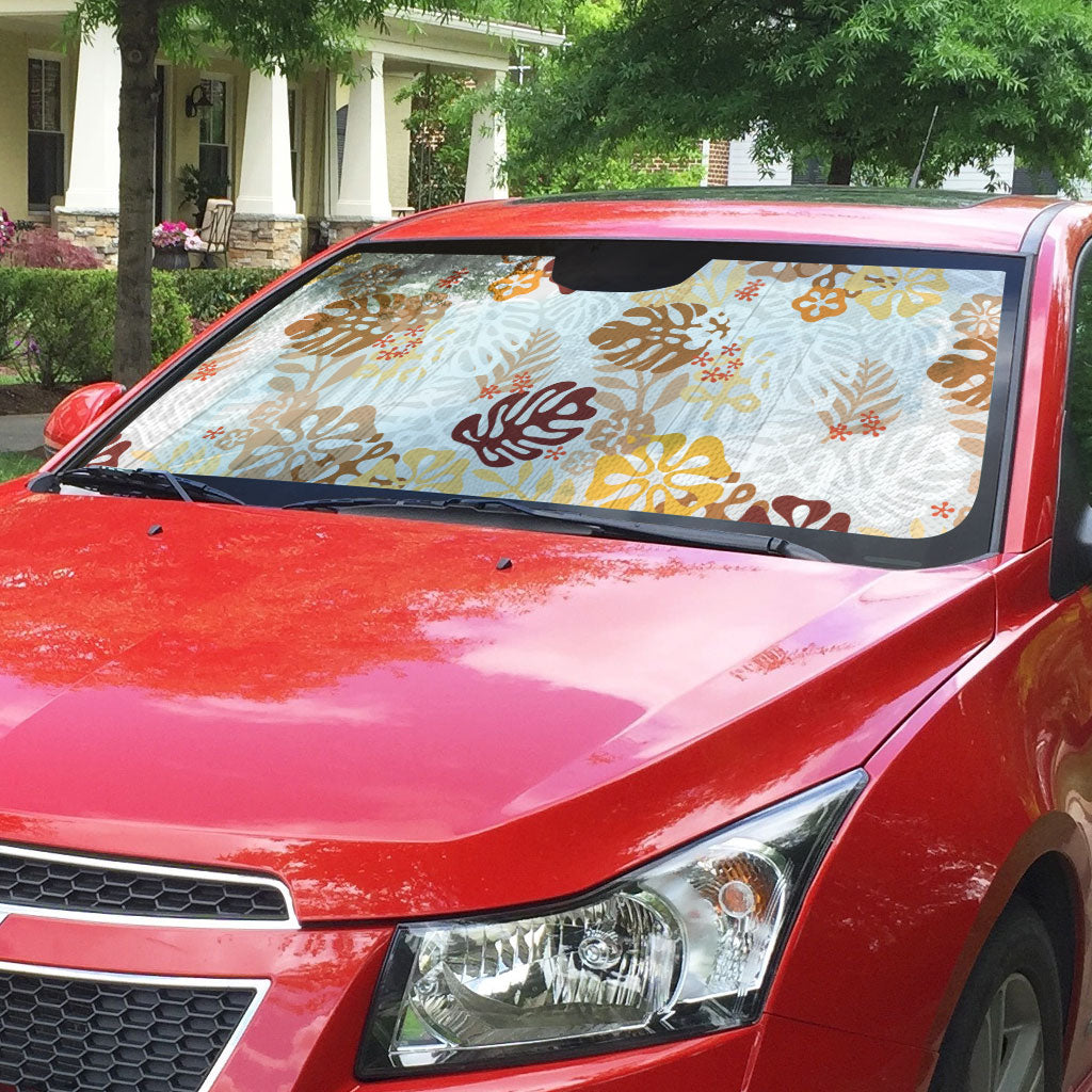 Brown Aloha Hawaiian Auto Sun Shade Monstera Hibiscus Tropical Pattern LT19 - Polynesian Pride