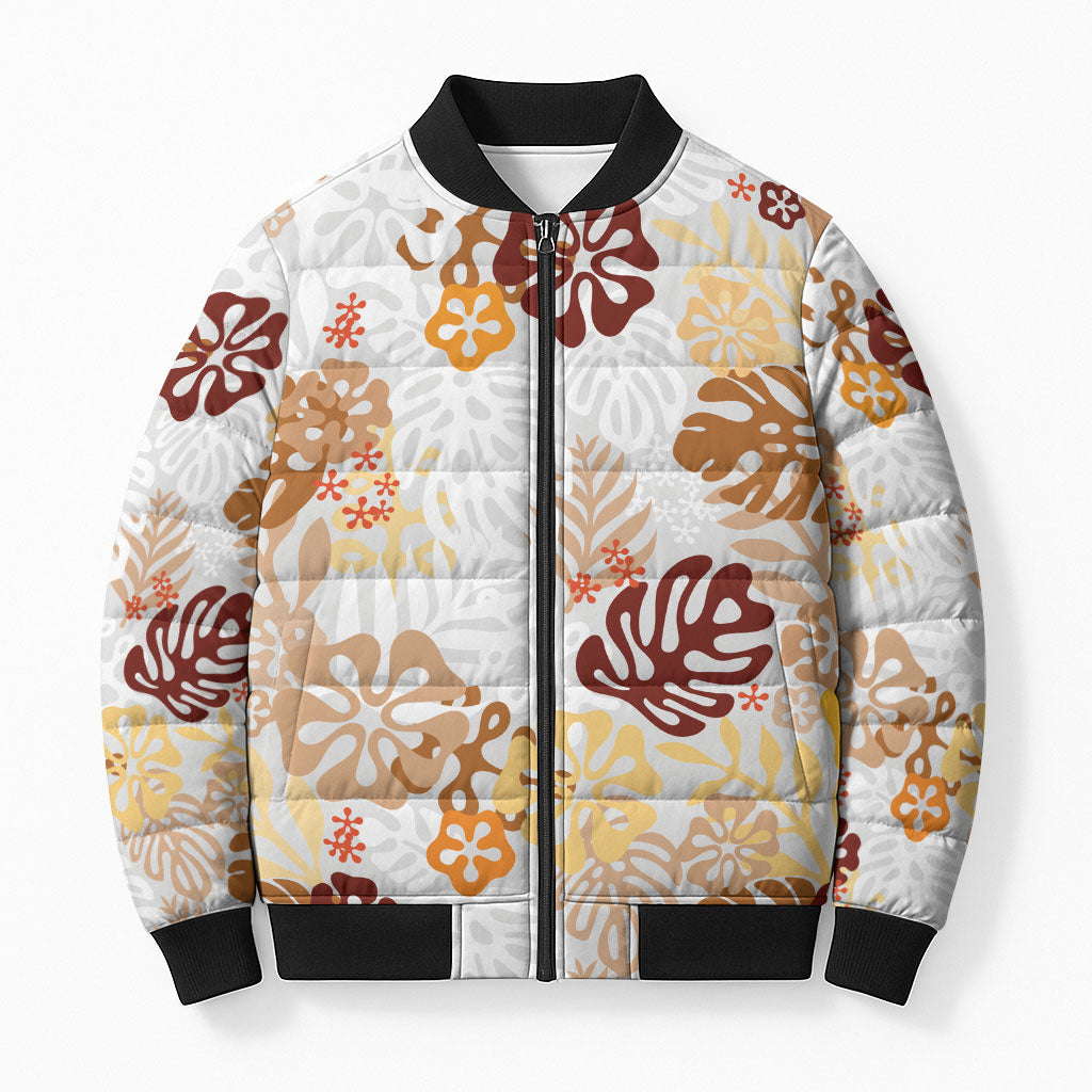 Brown Aloha Hawaiian Bomber Puffer Jacket Monstera Hibiscus Tropical Pattern LT19 Unisex Brown - Polynesian Pride