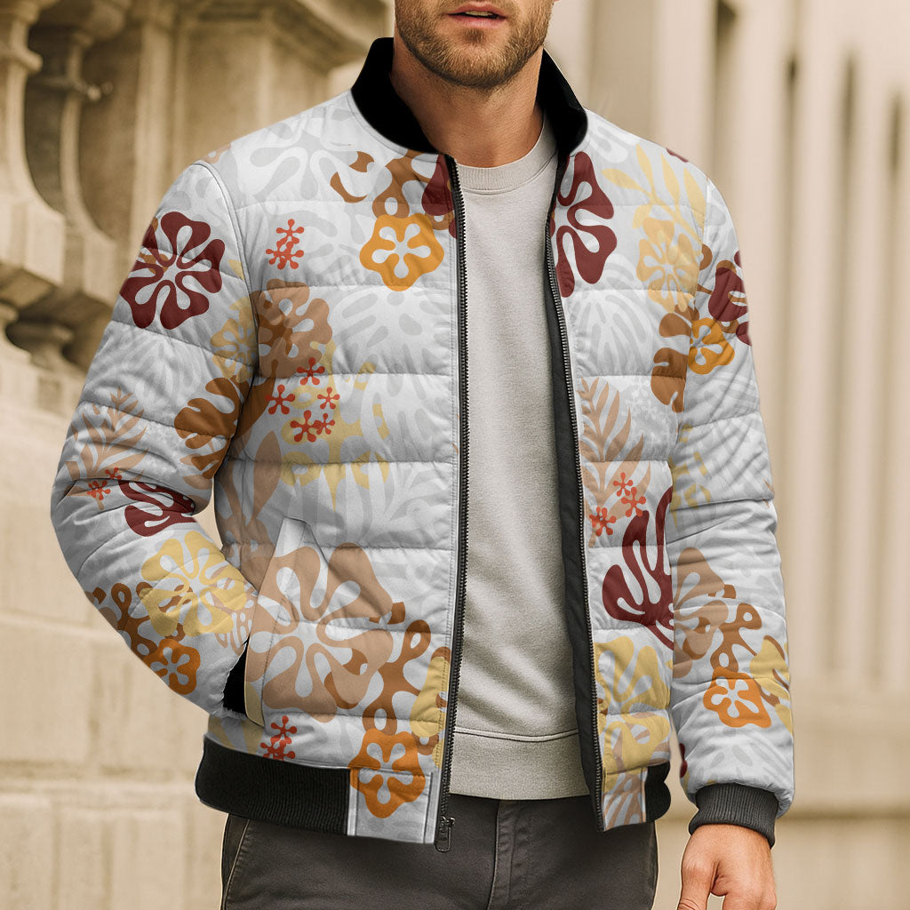Brown Aloha Hawaiian Bomber Puffer Jacket Monstera Hibiscus Tropical Pattern LT19 - Polynesian Pride