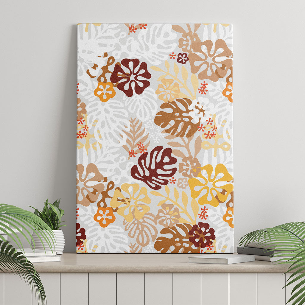 Brown Aloha Hawaiian Canvas Wall Art Monstera Hibiscus Tropical Pattern