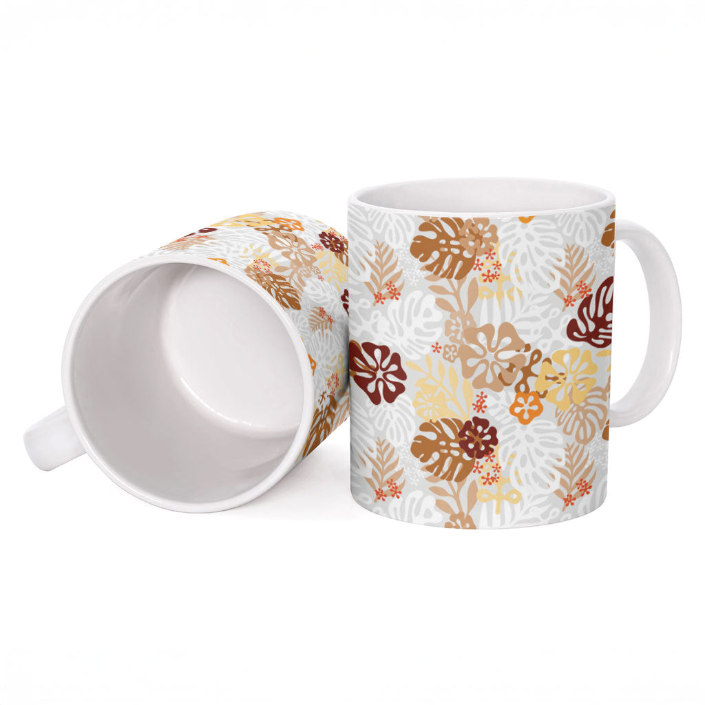Brown Aloha Hawaiian Ceramic Mug Monstera Hibiscus Tropical Pattern LT19 - Polynesian Pride