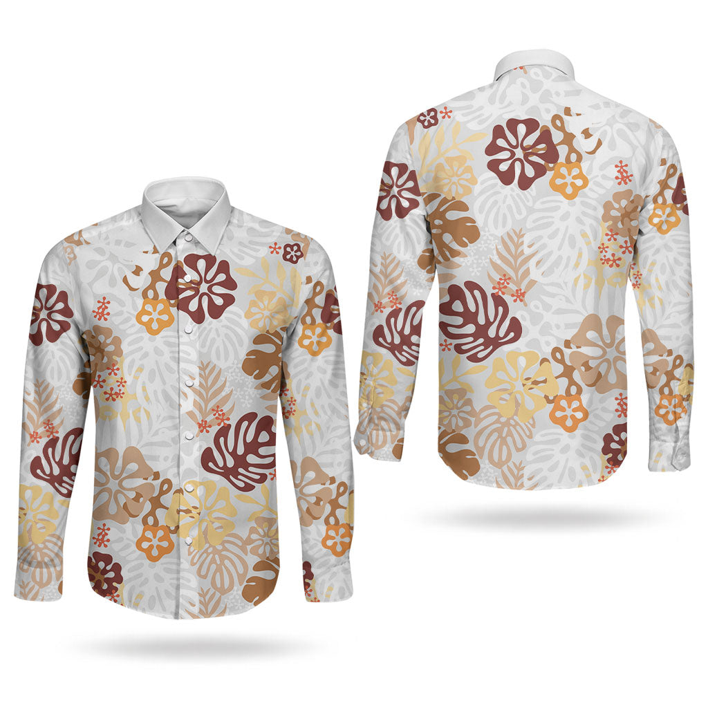 Brown Aloha Hawaiian Couples Matching Off Shoulder Maxi Dress and Long Sleeve Button Shirt Monstera Hibiscus Tropical Pattern