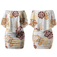 Brown Aloha Hawaiian Couples Matching Off Shoulder Short Dress and Long Sleeve Button Shirt Monstera Hibiscus Tropical Pattern