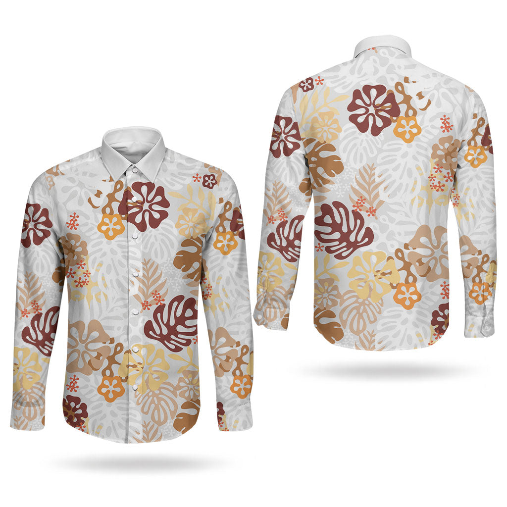 Brown Aloha Hawaiian Couples Matching Summer Maxi Dress and Long Sleeve Button Shirt Monstera Hibiscus Tropical Pattern