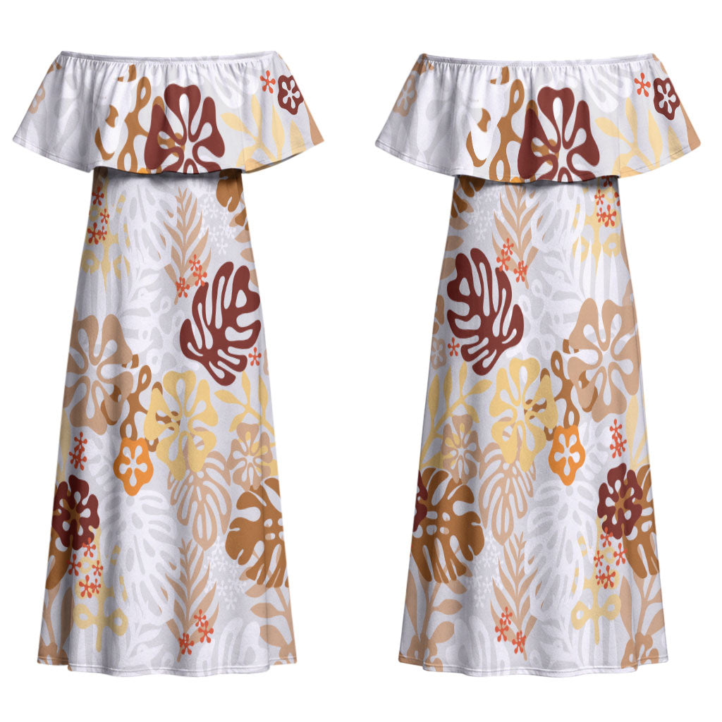Brown Aloha Hawaiian Family Matching Off Shoulder Maxi Dress and Hawaiian Shirt Monstera Hibiscus Tropical Pattern LT19 Mom's Dress Brown - Polynesian Pride