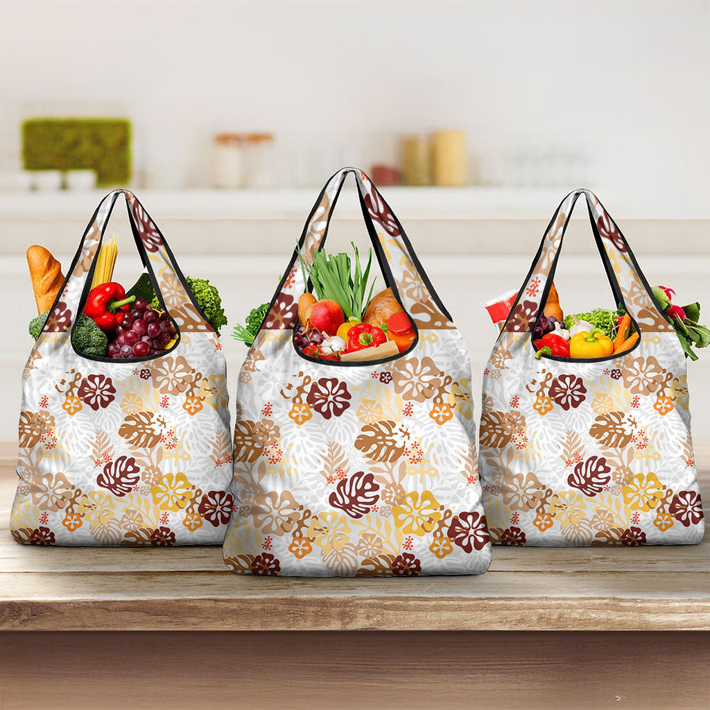 Brown Aloha Hawaiian Grocery Bag Monstera Hibiscus Tropical Pattern