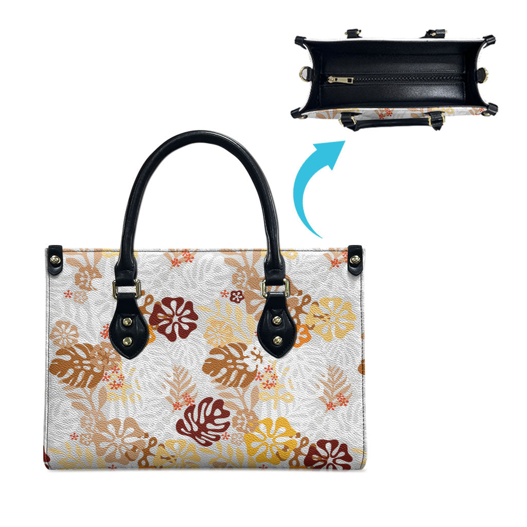 Brown Aloha Hawaiian Leather Bag Monstera Hibiscus Tropical Pattern LT19 - Polynesian Pride