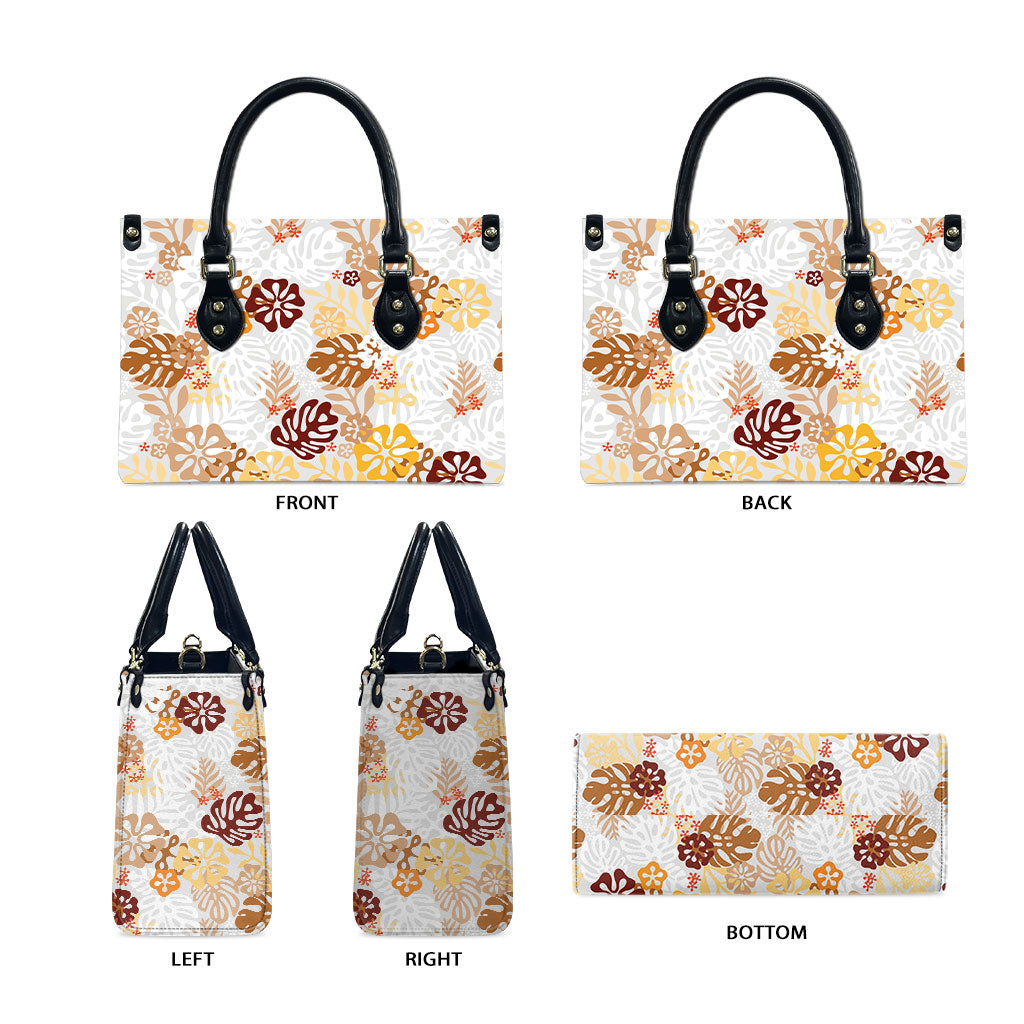 Brown Aloha Hawaiian Leather Bag Monstera Hibiscus Tropical Pattern LT19 - Polynesian Pride