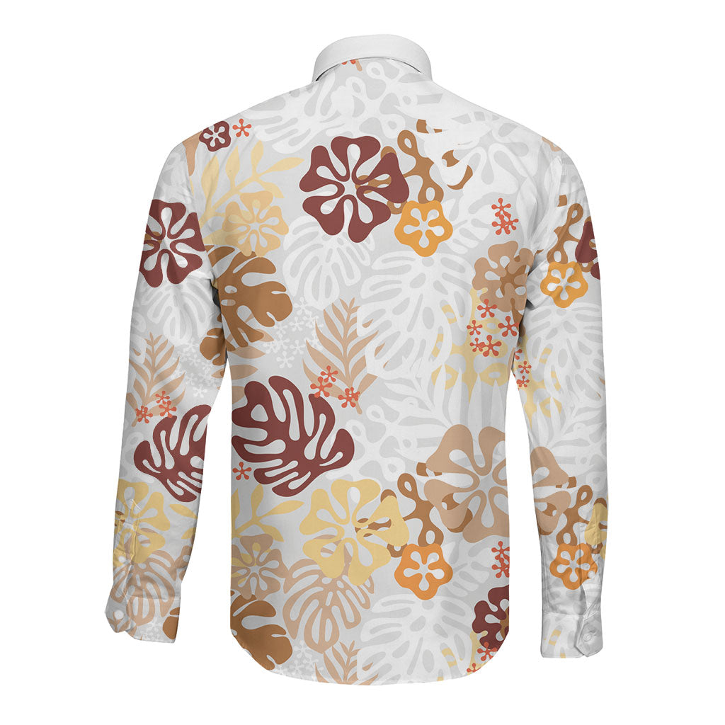 Brown Aloha Hawaiian Long Sleeve Button Shirt Monstera Hibiscus Tropical Pattern