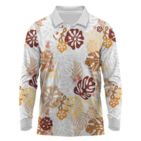 Brown Aloha Hawaiian Long Sleeve Polo Shirt Monstera Hibiscus Tropical Pattern LT19 Brown - Polynesian Pride