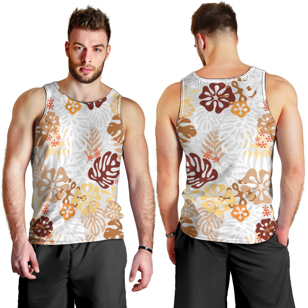 Brown Aloha Hawaiian Men Tank Top Monstera Hibiscus Tropical Pattern LT19 - Polynesian Pride
