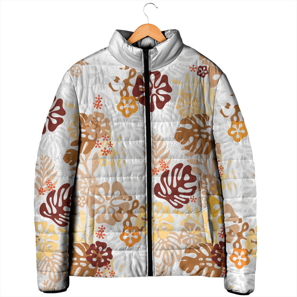 Brown Aloha Hawaiian Padded Jacket Monstera Hibiscus Tropical Pattern