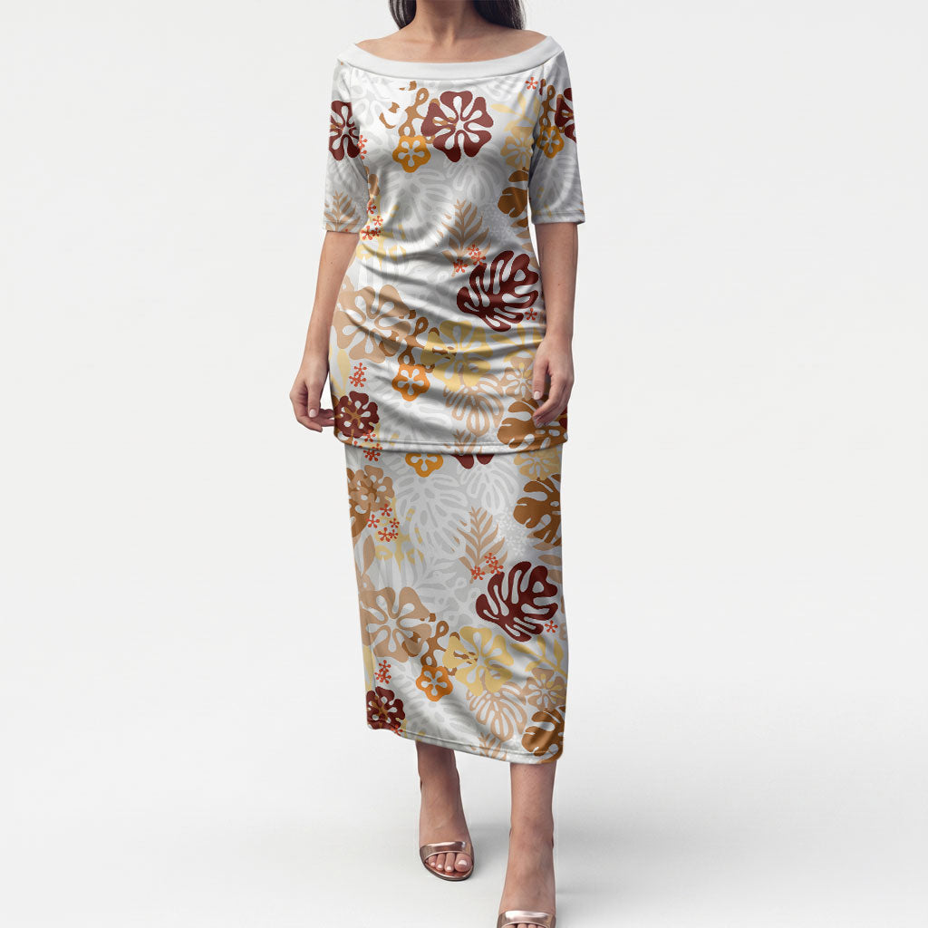 Brown Aloha Hawaiian Puletasi Monstera Hibiscus Tropical Pattern LT19 Long Dress Brown - Polynesian Pride
