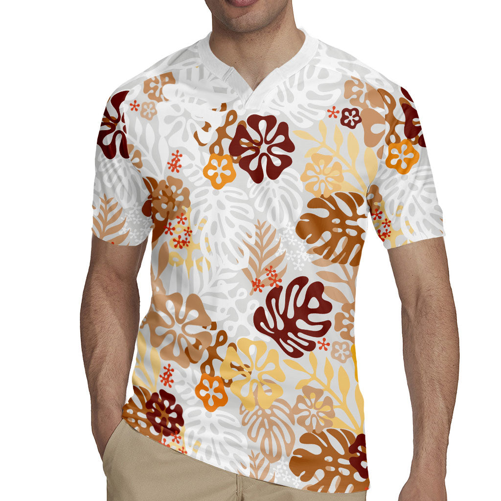 Brown Aloha Hawaiian Rugby Jersey Monstera Hibiscus Tropical Pattern LT19 - Polynesian Pride