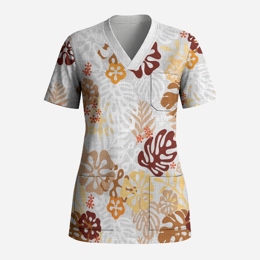 Brown Aloha Hawaiian Scrub Top Monstera Hibiscus Tropical Pattern LT19 Adult Brown - Polynesian Pride