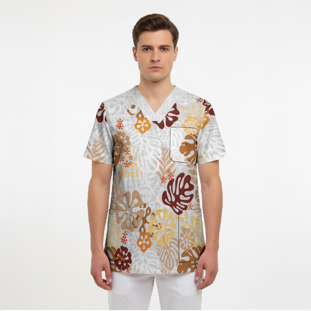 Brown Aloha Hawaiian Scrub Top Monstera Hibiscus Tropical Pattern LT19 - Polynesian Pride