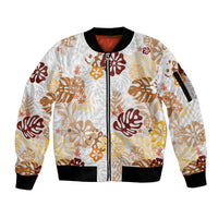 Brown Aloha Hawaiian Sleeve Zip Bomber Jacket Monstera Hibiscus Tropical Pattern LT19 Unisex Brown - Polynesian Pride