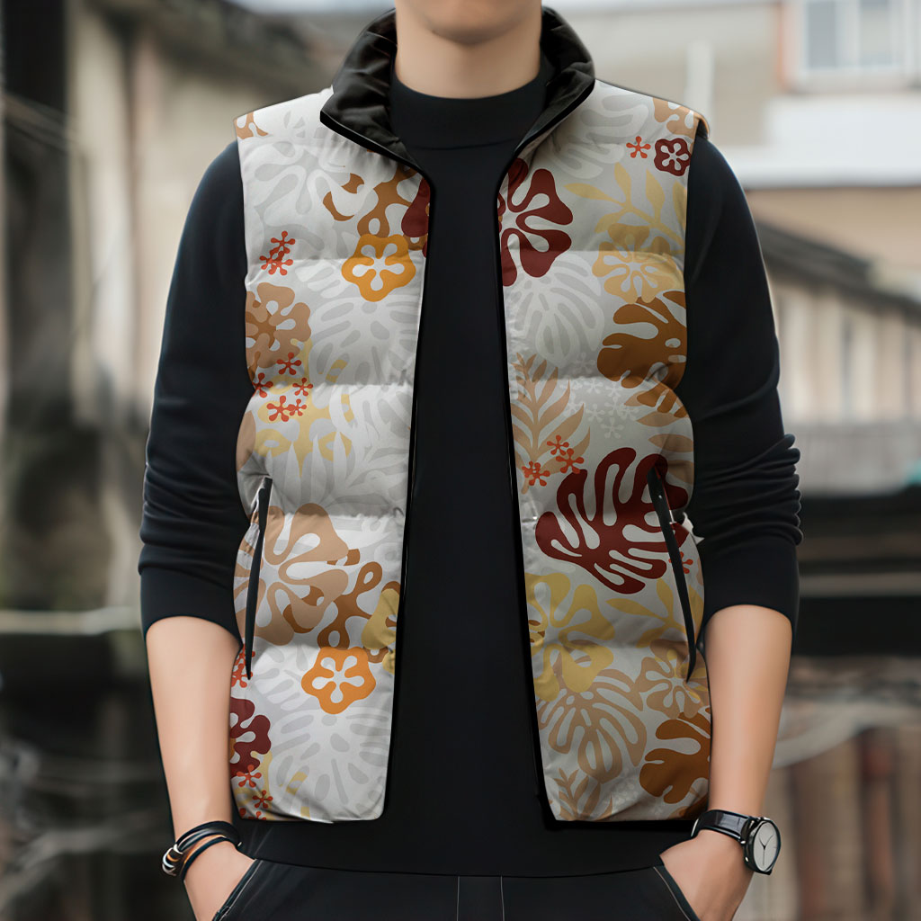 Brown Aloha Hawaiian Sleeveless Puffer Jacket Monstera Hibiscus Tropical Pattern LT19 - Polynesian Pride