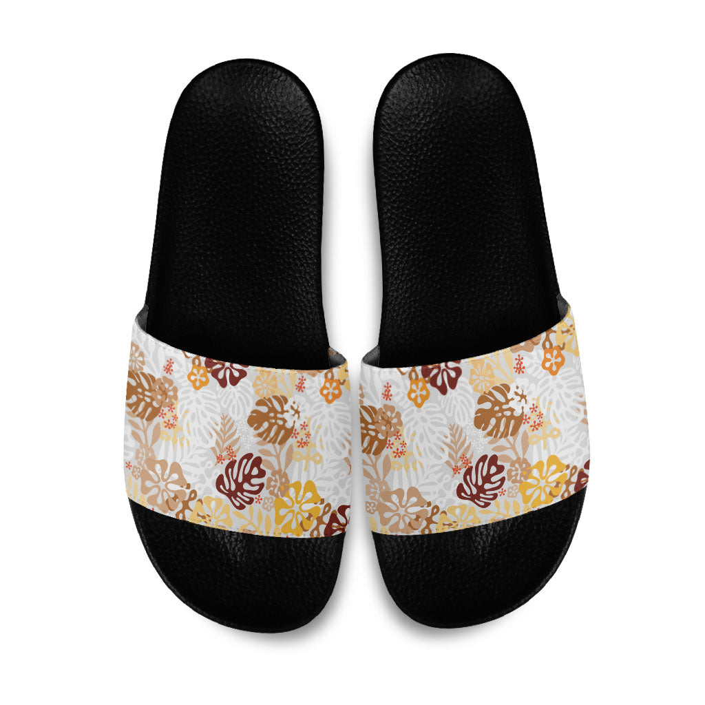 Brown Aloha Hawaiian Slide Sandals Monstera Hibiscus Tropical Pattern LT19 Brown - Polynesian Pride