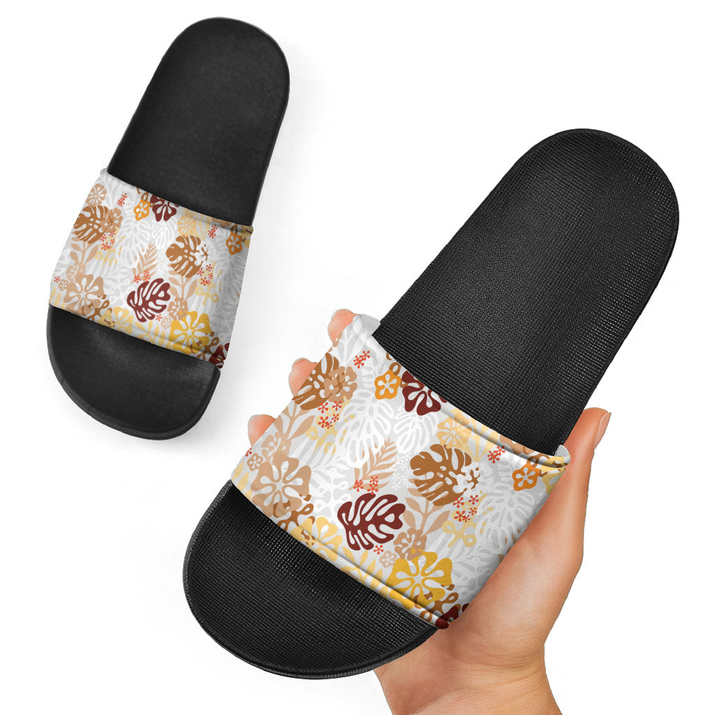 Brown Aloha Hawaiian Slide Sandals Monstera Hibiscus Tropical Pattern LT19 - Polynesian Pride