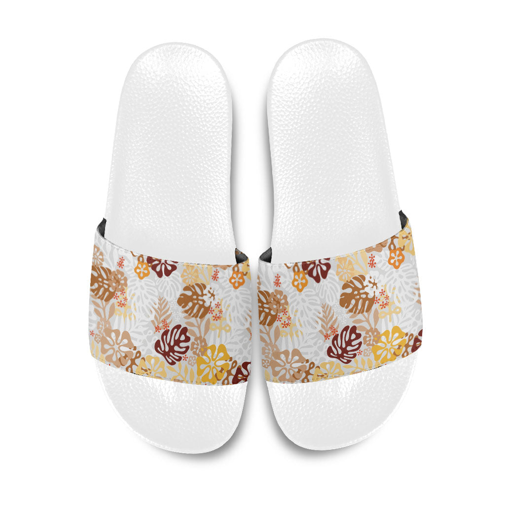 Brown Aloha Hawaiian Slide Sandals Monstera Hibiscus Tropical Pattern LT19 Brown - Polynesian Pride