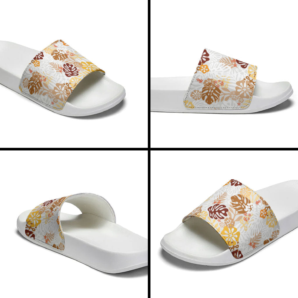 Brown Aloha Hawaiian Slide Sandals Monstera Hibiscus Tropical Pattern LT19 - Polynesian Pride