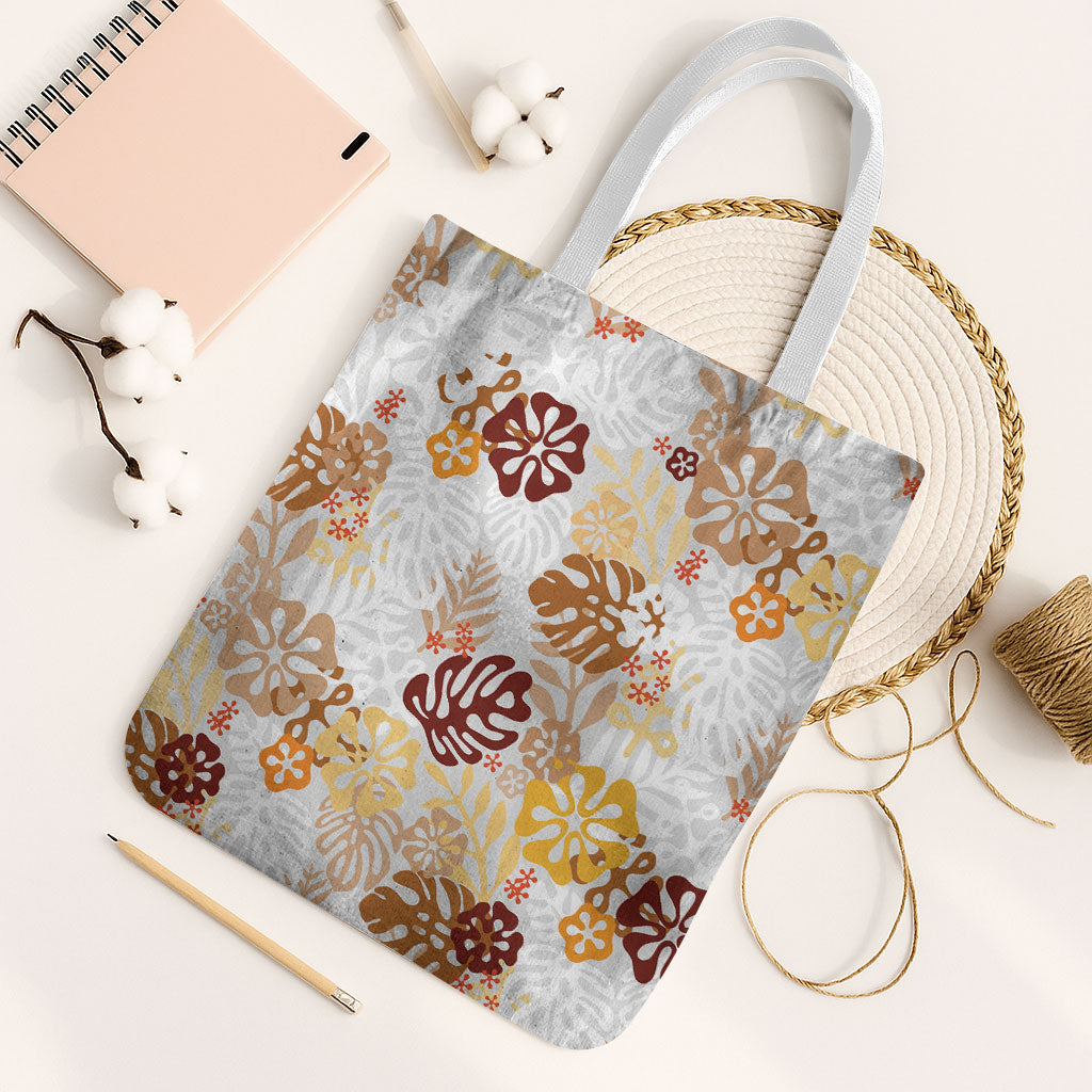 Brown Aloha Hawaiian Tote Bag Monstera Hibiscus Tropical Pattern LT19 White Strap One Size Brown - Polynesian Pride