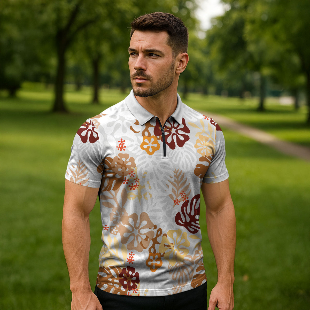 Brown Aloha Hawaiian Zipper Polo Shirt Monstera Hibiscus Tropical Pattern