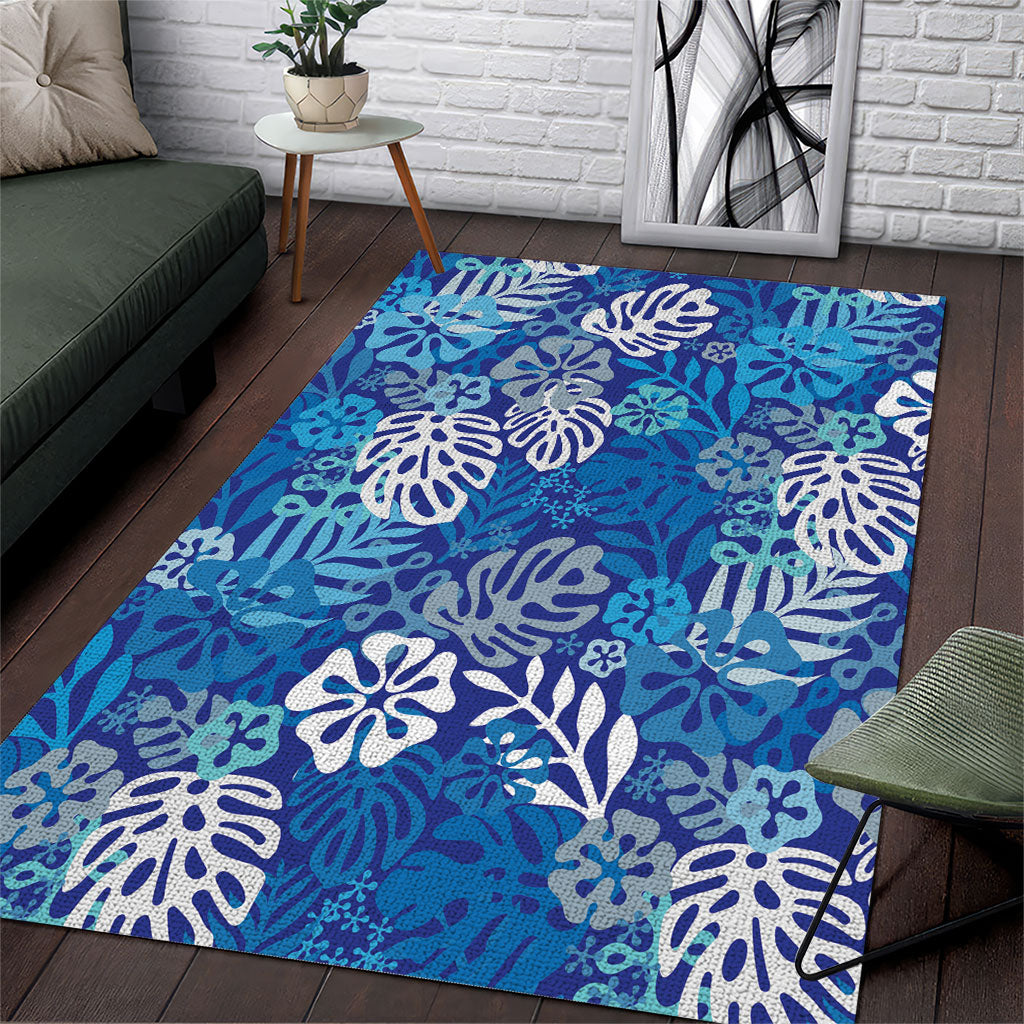 Blue Aloha Hawaiian Area Rug Monstera Hibiscus Tropical Pattern LT19 Blue - Polynesian Pride