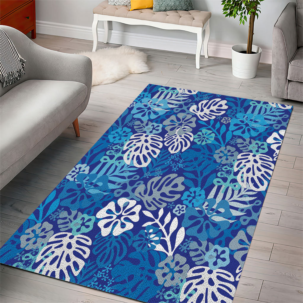 Blue Aloha Hawaiian Area Rug Monstera Hibiscus Tropical Pattern LT19 - Polynesian Pride