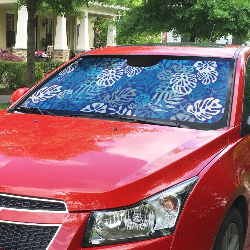Blue Aloha Hawaiian Auto Sun Shade Monstera Hibiscus Tropical Pattern LT19 - Polynesian Pride