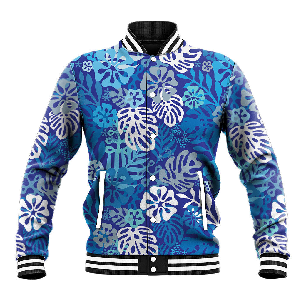 Blue Aloha Hawaiian Baseball Jacket Monstera Hibiscus Tropical Pattern LT19 Unisex Blue - Polynesian Pride