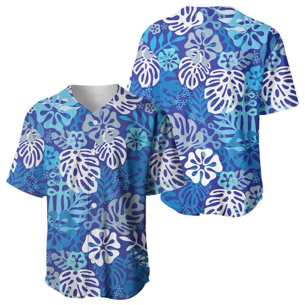 Blue Aloha Hawaiian Baseball Jersey Monstera Hibiscus Tropical Pattern LT19 - Polynesian Pride